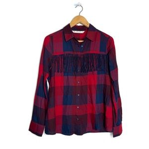Zara Basic Plaid Red and Blue Fringe Front Button Up Long Sleeve Top Size Small